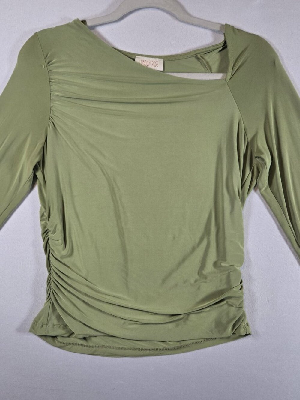 London Rose Women’s L Sage Green Ruched Long Sleeve Draped Neck Stretch Y2K Top
